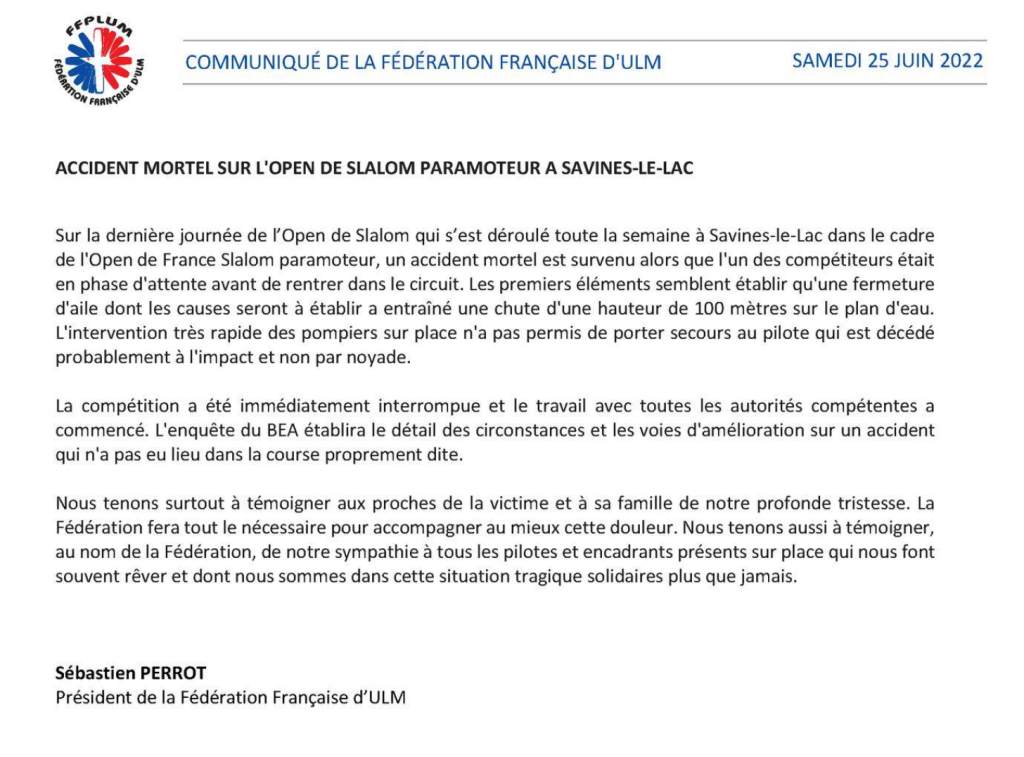 Carta federación francesa accidente Maxence Duguet  